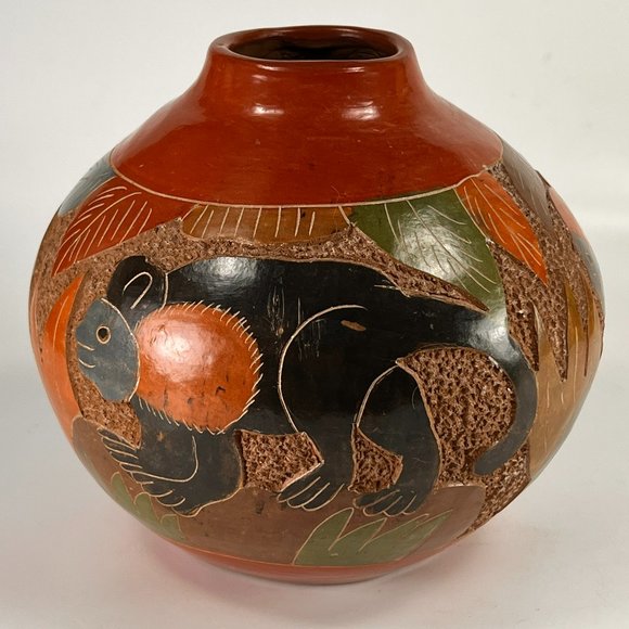 Nicaragua Monkey Vase Clay Pottery Carved Incised Folk Art Rustic 5" - Picture 4 of 16